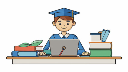 Poster - A student committing to their studies A person sits at a desk surrounded by textbooks notebooks and a laptop. Their focused expression and diligent. Cartoon Vector.