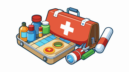 Poster - A survival kit is essential for any outdoor adventure containing vital items such as a compass first aid supplies and water purification tablets.. Cartoon Vector.