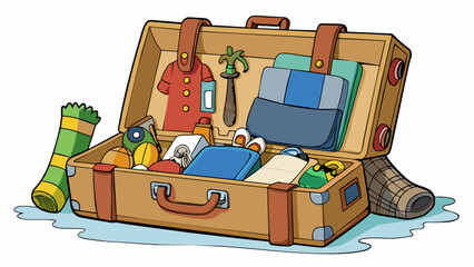 Poster - A suitcase sits open on a wooden floor filled to the brim with wellworn clothes and souvenirs collected from different cities and countries. The. Cartoon Vector.