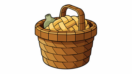 Poster - A sy and durable fika basket made from woven birch bark perfect for carrying a thermos of coffee freshly baked cinnamon buns and a flaky cardamom. Cartoon Vector.