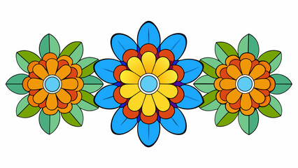 Poster - A symmetrical arrangement of colorful flowers appearing multiple times in a mirrored reflection.. Cartoon Vector.