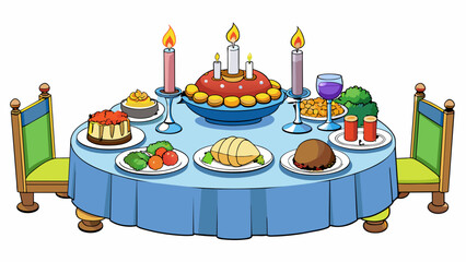 Poster - A table is set with a feast fit for a king featuring a juicy roast steaming mashed potatoes and a colorful array of vegetables. The scent of. Cartoon Vector.