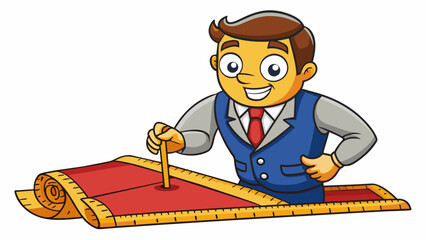 Aufkleber - A tailor holds a measuring tape against a piece of fabric calculating and marking where to make a for a perfect fit. With steady hands they along the. Cartoon Vector.