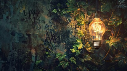 Wall Mural - Glowing vintage lightbulb surrounded by autumn leaves for autumnal or inspiration themed designs