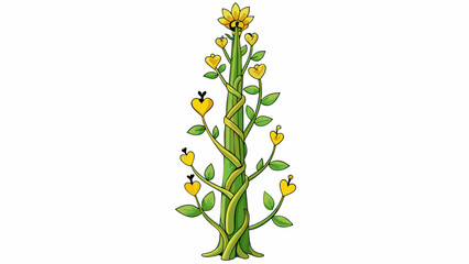 Fototapete - A tall slender plant with twining vines and heartshaped leaves. Its bright yellow flowers give way to small papery cones filled with small golden. Cartoon Vector.