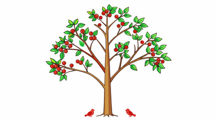 Fototapete - A tall slender tree with dark green leaves swaying gently in the breeze. The branches are adorned with shiny red berries and a family of birds can be. Cartoon Vector.