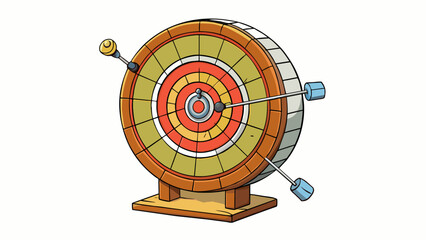 Fototapete - A target is a circular dartboard made of cork and divided into numbered sections. It also has a wire frame in the shape of a wheel surrounding it.. Cartoon Vector.