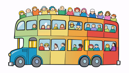 Poster - A tall colorful doubledecker bus slowly made its way through the crowded city streets its multiple windows filled with curious onlookers peeking out. Cartoon Vector.
