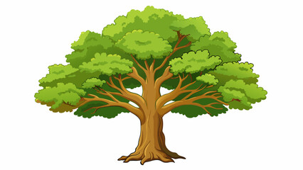 Poster - A tall regal oak tree standing in a lush green field its wide trunk covered in thick knotted bark and its branches stretching towards the sky like. Cartoon Vector.