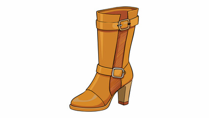 Poster - A tan leather boot with a tall stacked heel and buckle details on the ankle. The boot has a pointed toe and a zipper on the side for easy wear.. Cartoon Vector.