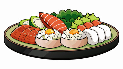 Aufkleber - A tantalizing plate of sushi featuring a variety of raw and cooked seafood delicately arranged on a bed of perfectly cooked sticky rice. Accented with. Cartoon Vector.