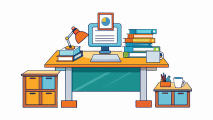 Fototapete - A teachers desk covered in stacks of papers a computer and a phone. This is a common image of administration in an educational setting where teachers. Cartoon Vector.