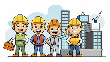 Fototapete - A team of construction workers stands atop a skyscr under construction each one equipped with a hard hat and tool belt. They communicate through hand. Cartoon Vector.