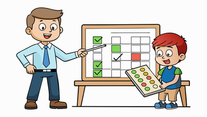 Poster - A teacher grades a students math test using a rubric. The rubric is a chart with categories and levels to assess the students understanding of. Cartoon Vector.