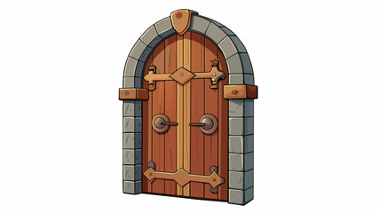 Poster - A thick heavy door made of solid wood with intricate carvings and sy metal hinges is a strong barrier that provides security and protection for a. Cartoon Vector.