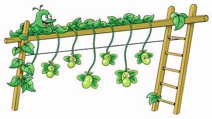 Fototapete - A thick green vine climbing up a trellis supported by sy strings. Dotted along its length are s of small leafy cones that will eventually swell with. Cartoon Vector.
