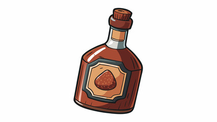 Sticker - A thick heavy corked bottle with a faded label housing a deep mahogany liquid. Its robust aroma hints at flavors of dried fruits and dark chocolate. Cartoon Vector.