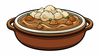 Poster - A thick hearty bowl of steaming stovies a traditional Scottish dish is served on a worn wooden table. The mashed potatoes are studded with chunks of. Cartoon Vector.