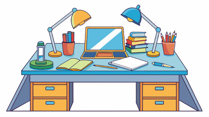 Aufkleber - A thoughtfully prepared study space The desk is clutterfree and equipped with all the necessary materials for efficient studying including pens. Cartoon Vector.