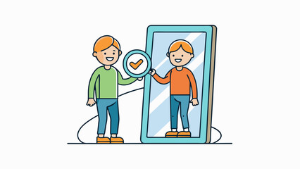 Poster - A third illustration depicts a person standing in front of a reflection in a mirror. The reflection shows the same person but with an improved. Cartoon Vector.