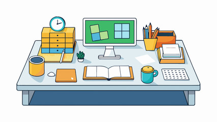 Poster - A tidy work desk The desk is clear of clutter with only the essential tools and materials within reach. The surface is organized and uncluttered. Cartoon Vector.
