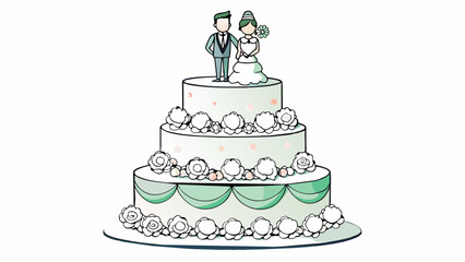 Fototapete - A towering white wedding cake intricately decorated with cascading sugar flowers and topped with a sparkling silver Mr. and Mrs. cake topper. Cartoon Vector.