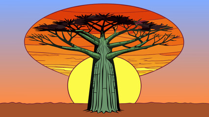 Fototapete - A towering baobab tree standing tall against a bright orange sunset in the African savannah. The trees massive trunk and branches create a striking. Cartoon Vector.
