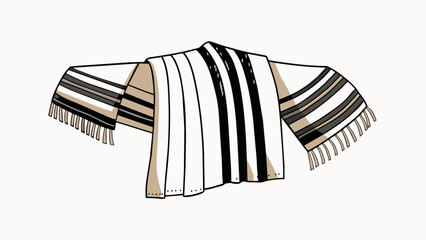 Poster - A traditional tallit a fringed prayer shawl made of soft white fabric with thick black stripes running down each side. Its long flowing tassels d over. Cartoon Vector.