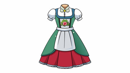 Aufkleber - A traditional German dirndl This dress is made of a light floral print fabric with a fitted bodice and a full floorlength skirt. It has a white apron. Cartoon Vector.