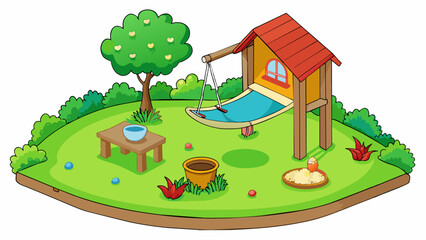 Aufkleber - A tranquil backyard with a lush green lawn and a small garden. A hammock sways gently in the breeze while a bird feeder attracts colorful feathered. Cartoon Vector.
