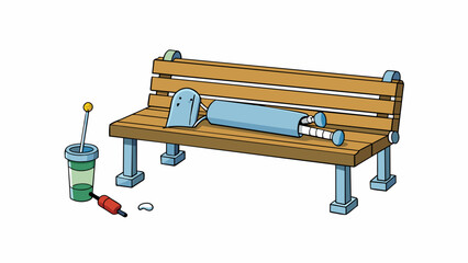 Aufkleber - A tranquil park bench became a deadly crime scene with a discarded syringe and a syringe cap lying nearby the victims lifeless body slumped against. Cartoon Vector.