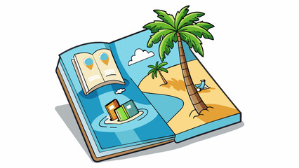 Sticker - A travel brochure suggests an idyllic tropical paradise with crystal clear waters palm trees swaying in the gentle breeze and soft white sand enticing. Cartoon Vector.