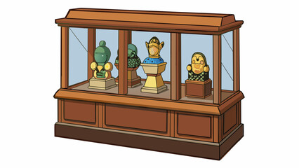 Fototapete - A traditional wooden display case filled with various handcrafted figurines. Each figurine is positioned on its own pedestal showcasing intricate. Cartoon Vector.