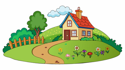 Aufkleber - A tranquil countryside scene unfolds before you as you take a stroll through rolling hills and verdant fields. The air is filled with the sweet scent. Cartoon Vector.