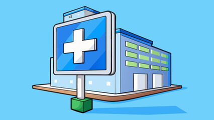 Poster - A traffic sign with a prominent white plus sign on a blue background indicating a nearby medical facility.. Cartoon Vector.