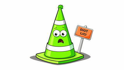 Poster - A traffic cone painted bright green with a sign reading idiot hat taped to the top. Despite its unconventional appearance it cannot be worn and serves. Cartoon Vector.
