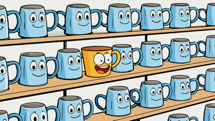 Poster - A unique handpainted mug standing out on a shelf full of massproduced identical cups.. Cartoon Vector.