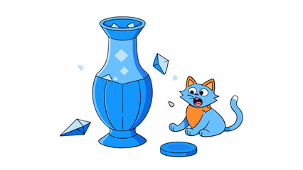 Poster - A vase lies in pieces on the ground its delicate blue design shattered. The guilty vase breaker a mischievous cat sits nearby licking its paws. Cartoon Vector.