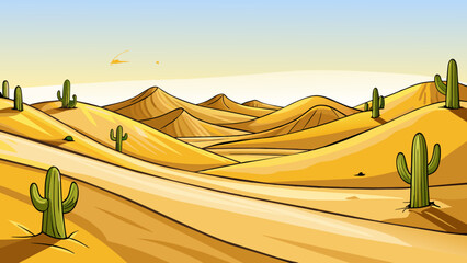 Aufkleber - A vast expanse of golden sand dunes stretched as far as the eye could see undulating in the soft glow of the setting sun. The warm desert air was. Cartoon Vector.