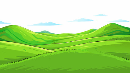 Poster - A vast open field of rolling hills stretching as far as the eye can see with vibrant green grass swaying in the gentle breeze.. Cartoon Vector.
