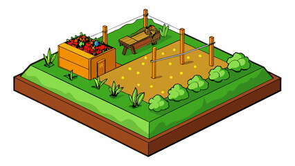 Aufkleber - A vegetable patch takes up a corner of the yard with rows of raised garden beds filled with an array of growing vegetables. The rest of the yard is. Cartoon Vector.