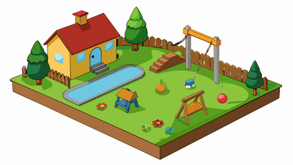 Poster - A typical backyard with grass a wooden fence and a swing set. A small garden with a variety of flowers and vegetables is located in one corner. A dog. Cartoon Vector.