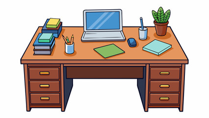 Canvas Print - A typical office desk The desk is made of dark wood and has several drawers for storage. On top there is a laptop and a stack of papers neatly. Cartoon Vector.