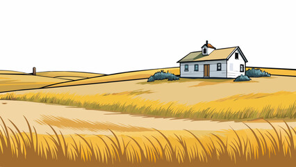Aufkleber - A vast open prairie stretching as far as the eye can see with tall swaying grasses swaying in the wind. In the distance a lone ranch house sits on a. Cartoon Vector.
