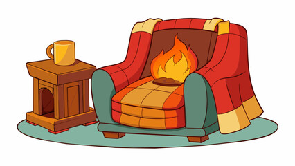 Canvas Print - A warm cozy fireplace with a crackling fire surrounded by comfortable seating and inviting blankets.. Cartoon Vector.