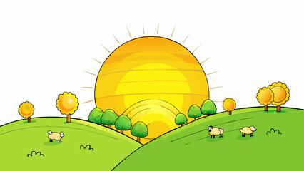 Poster - A warm golden sun hung low in the sky casting a soft glow over the rolling green hills dotted with grazing sheep.. Cartoon Vector.