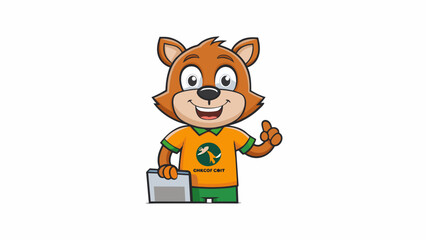 Poster - A warm and friendly animal mascot with approachable facial features wearing a branded tshirt and holding a sign with the companys logo inviting. Cartoon Vector.