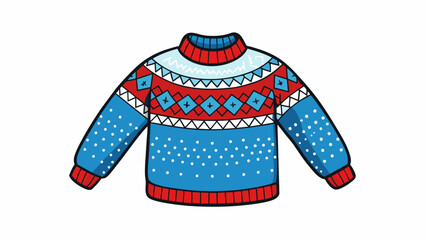 Aufkleber - A warm woolen sweater handknitted in a traditional Nordic pattern of repetitive geometric shapes and colors of blue white and red. It is both cozy and. Cartoon Vector.