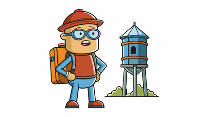 Poster - A weary traveler recognizes the familiar sight of a water tower in the distance signifying their destination is near.. Cartoon Vector.
