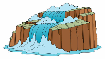 Poster - A waterfall cascading down a rocky cliff constantly generating white foamy waves as the rushing water hits the pool below. The strong force of the. Cartoon Vector.